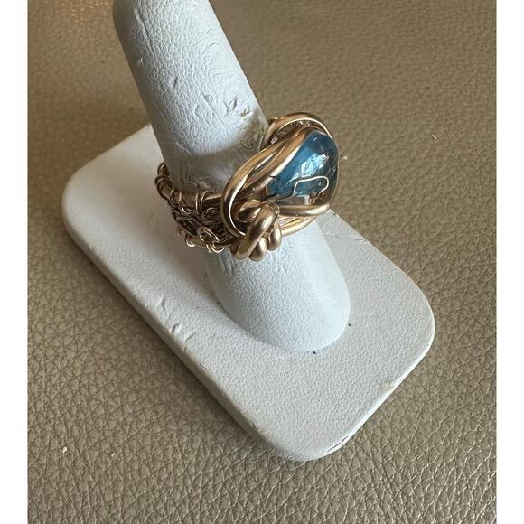 14k Gold Fill Wire Ring with Blue Agate stone Crochet Band Fine Silver Size 8 - Picture 2 of 5